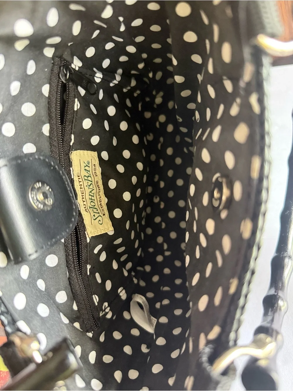 Black 1980s St John’s Bay Woven Handbag with Bamboo Handles polka dot lining